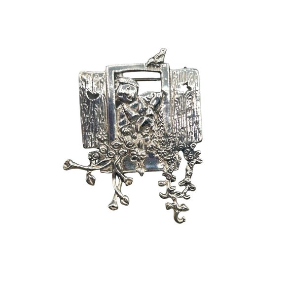 Meink 925 Signed Handcrafted Sterling Silver Pin Plant Lady On Her Window - Picture 1 of 6